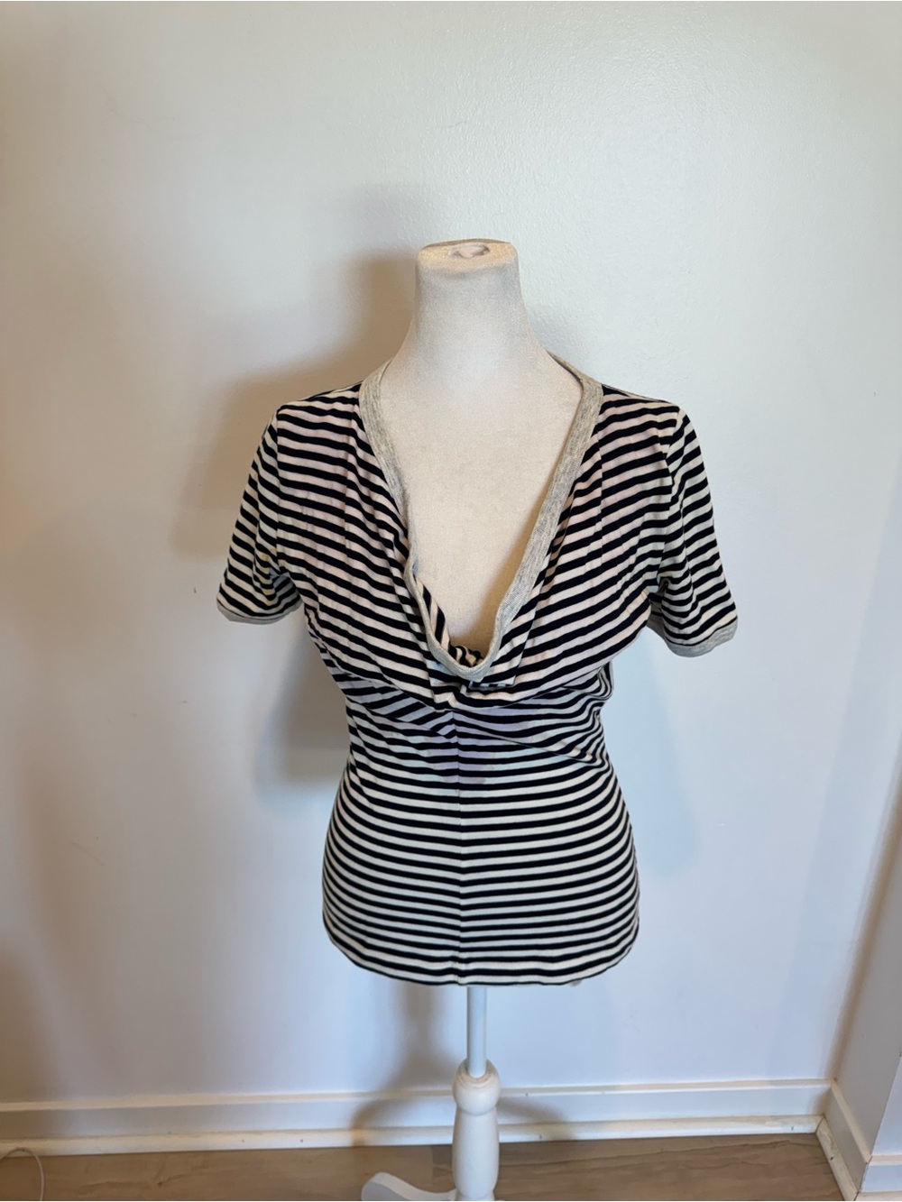Maison Martin Margiela Black and White Striped V-Neck Short Sleeve Top